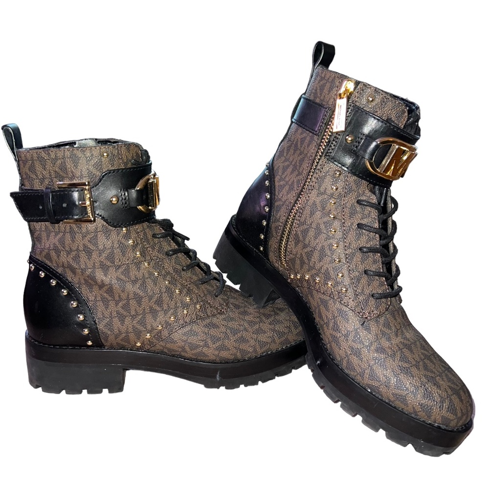 Michael Kors Kincaid Lace Up Combat Bootie Brown/Black Signature